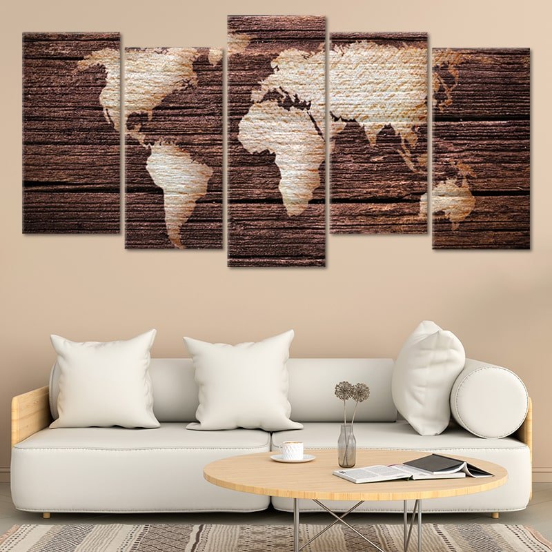 Burnt Wood World Map Multi Panel Canvas Wall Art 1 piece
