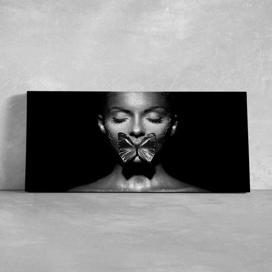 Butterfly resting on lips canvas wall art for living room, modern abstract beauty motif creating calm and inspiring decor