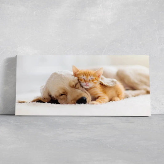 Sleeping cat and puppy canvas wall art for nursery, soft neutral tones creating a peaceful and comforting space for children
