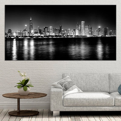 Chicago Skyline Black and White Multi Panel Canvas Wall Art 1 piece