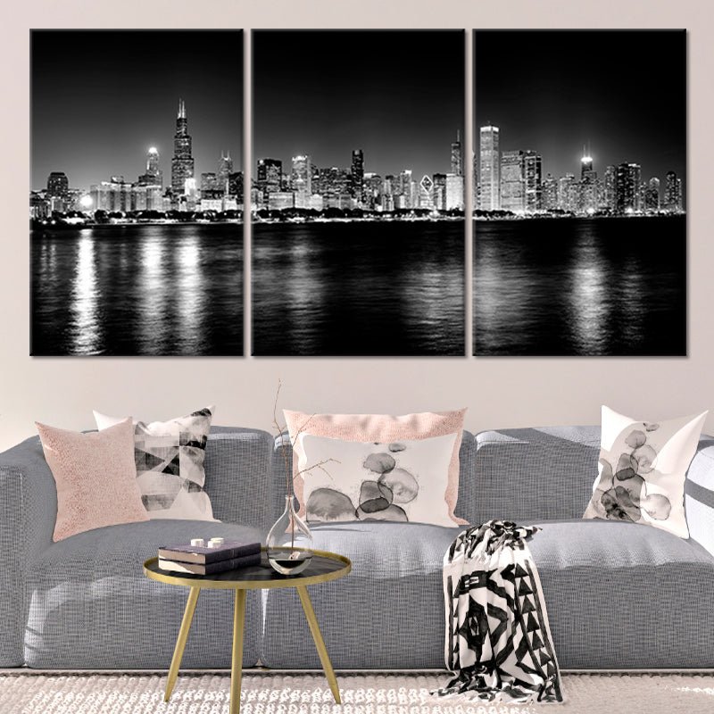 Chicago Wall Art - Black And White Chicago Skyline: masculine wall art​, chicago skyline wall art, black and white city wall art, cityscape canvas wall art​