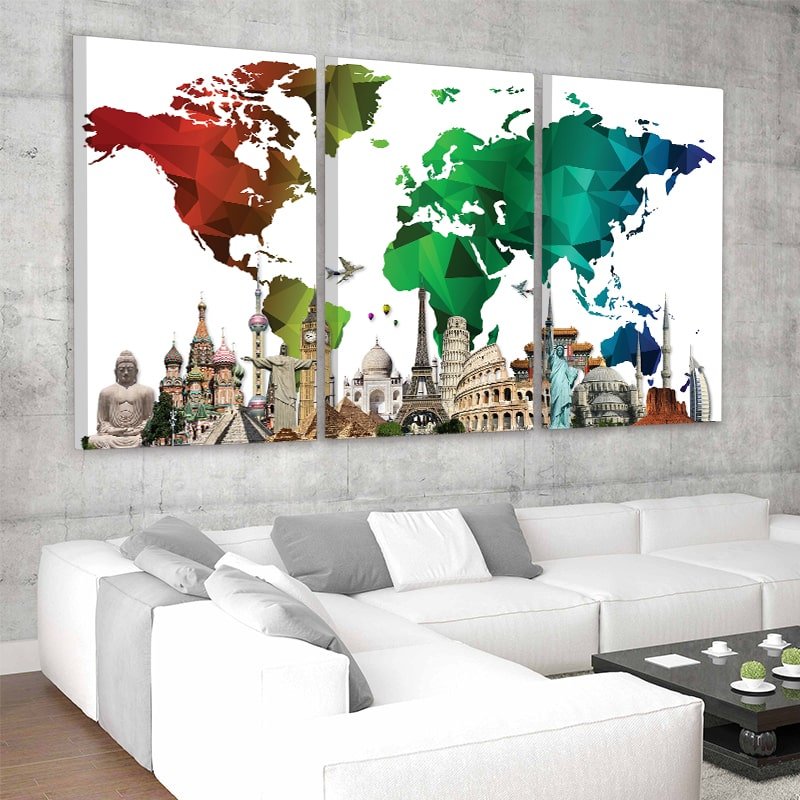 Colorful World Map Monuments Multi Panel Canvas Wall Art