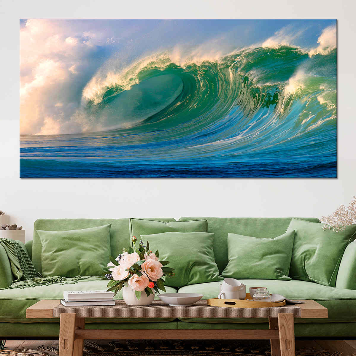 Dramatic ocean wave artwork showcasing deep blue and emerald green swirls.