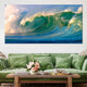 Dramatic ocean wave artwork showcasing deep blue and emerald green swirls.