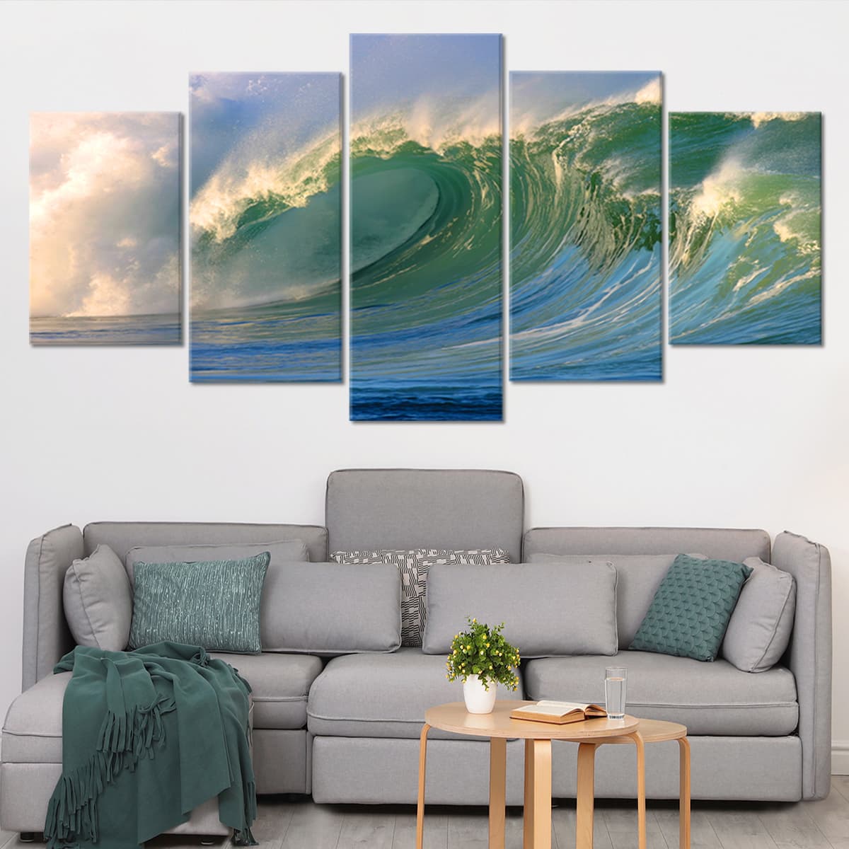 Surf-inspired coastal wall art capturing the motion of an enormous wave.