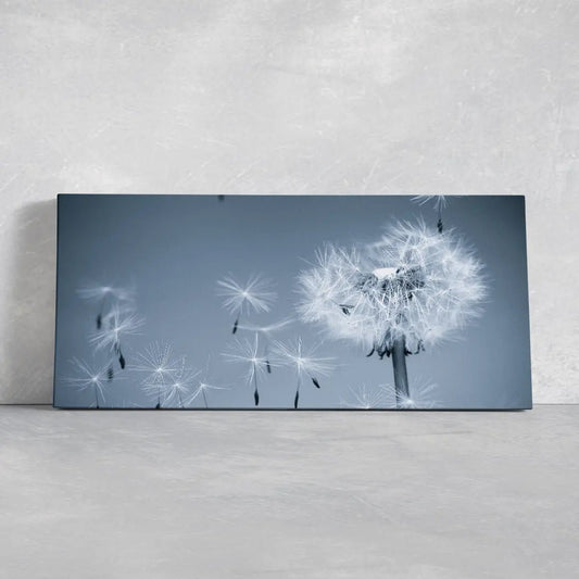 Flying dandelion seeds canvas wall art for living room, peaceful botanical decor creating a calm and airy atmosphere
