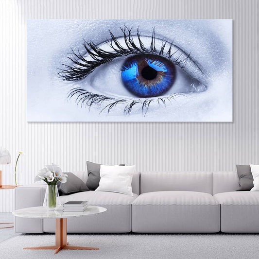 Blue human eye canvas wall art for living room, realistic iris detail creating calming modern focal point decor