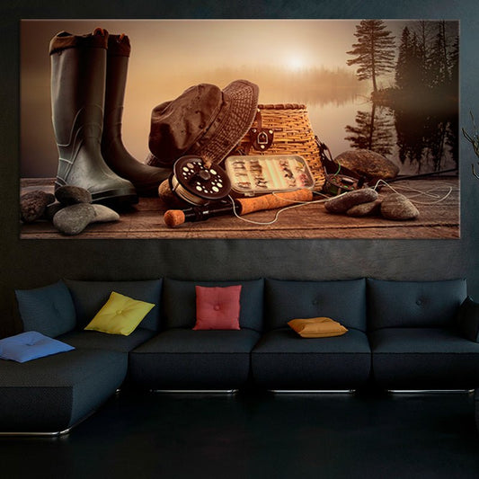 Fly fishing gear on wooden table canvas wall art for living room wall art, rustic textures and tackle create a calming lodge mood