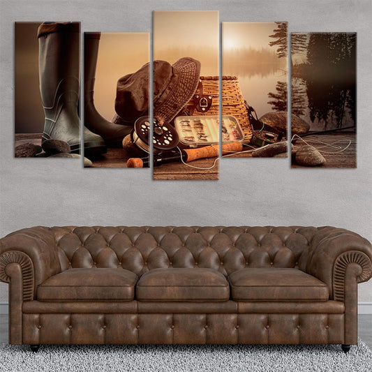Fly Fishing Equipment Multi Panel Canvas Wall Art 5 pieces stagger