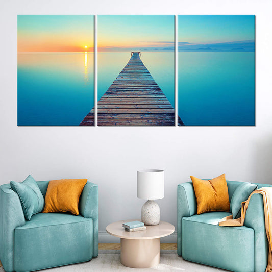 Tranquil coastal artwork of a wooden dock extending into the horizon.