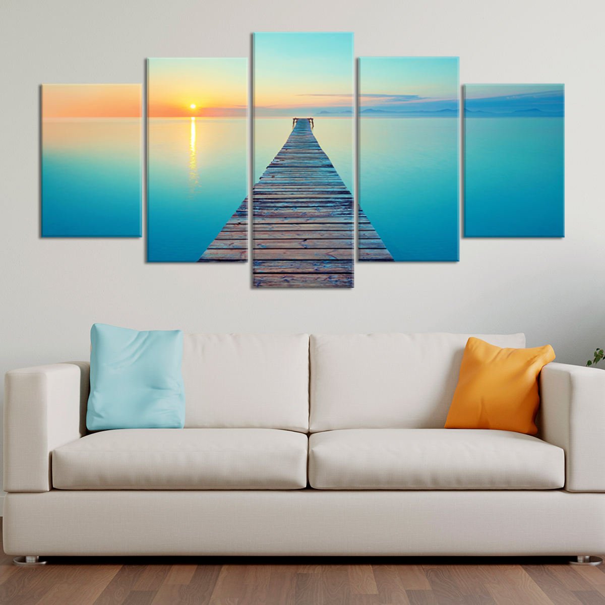 Large coastal wall art of a scenic pier reflecting on still waters.