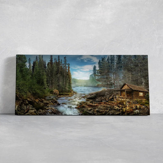 River cabin landscape canvas wall art for living room wall art, flowing stream and pine forest create a peaceful retreat mood