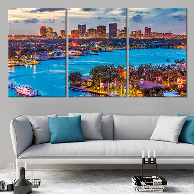 Fort Lauderdale Skyline Multi Panel Canvas Wall Art 3 piece