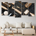 Gold Hairdresser Tools Panel Canvas Wall Art 5 pieces stagger
