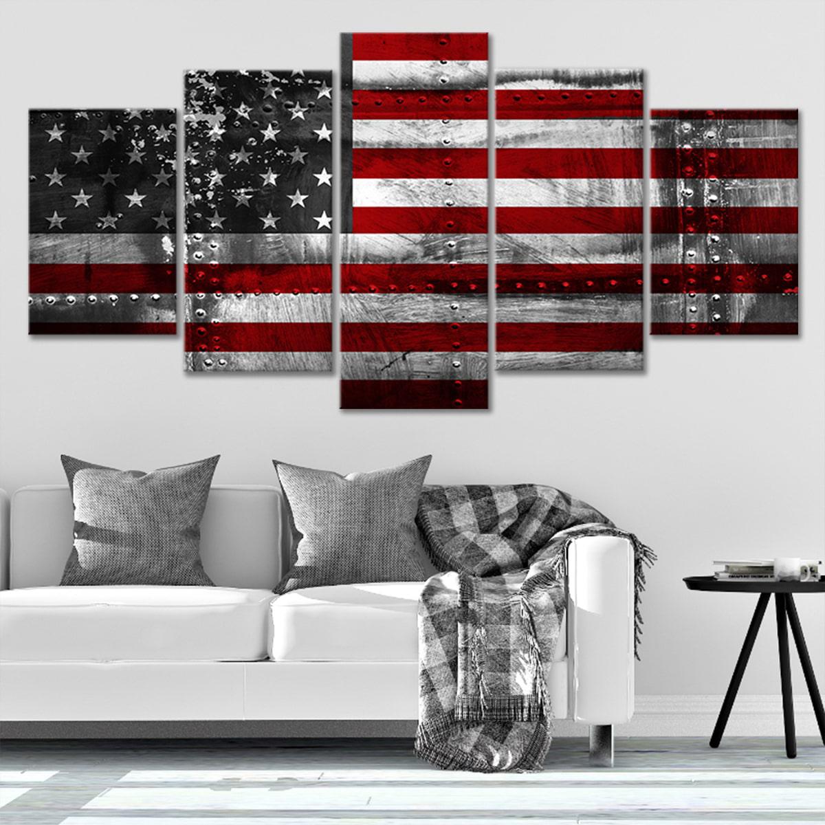 Grunge American flag on steel background Canvas Wall Art Set