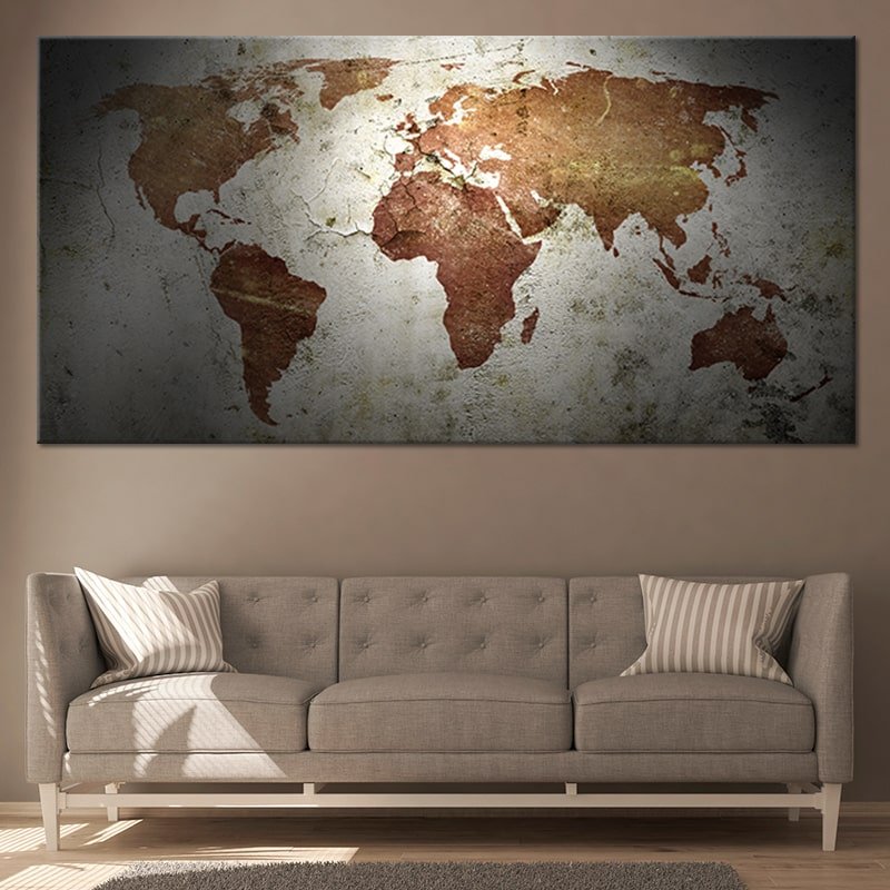 Burnt Wood World Map Multi Panel Canvas Wall Art