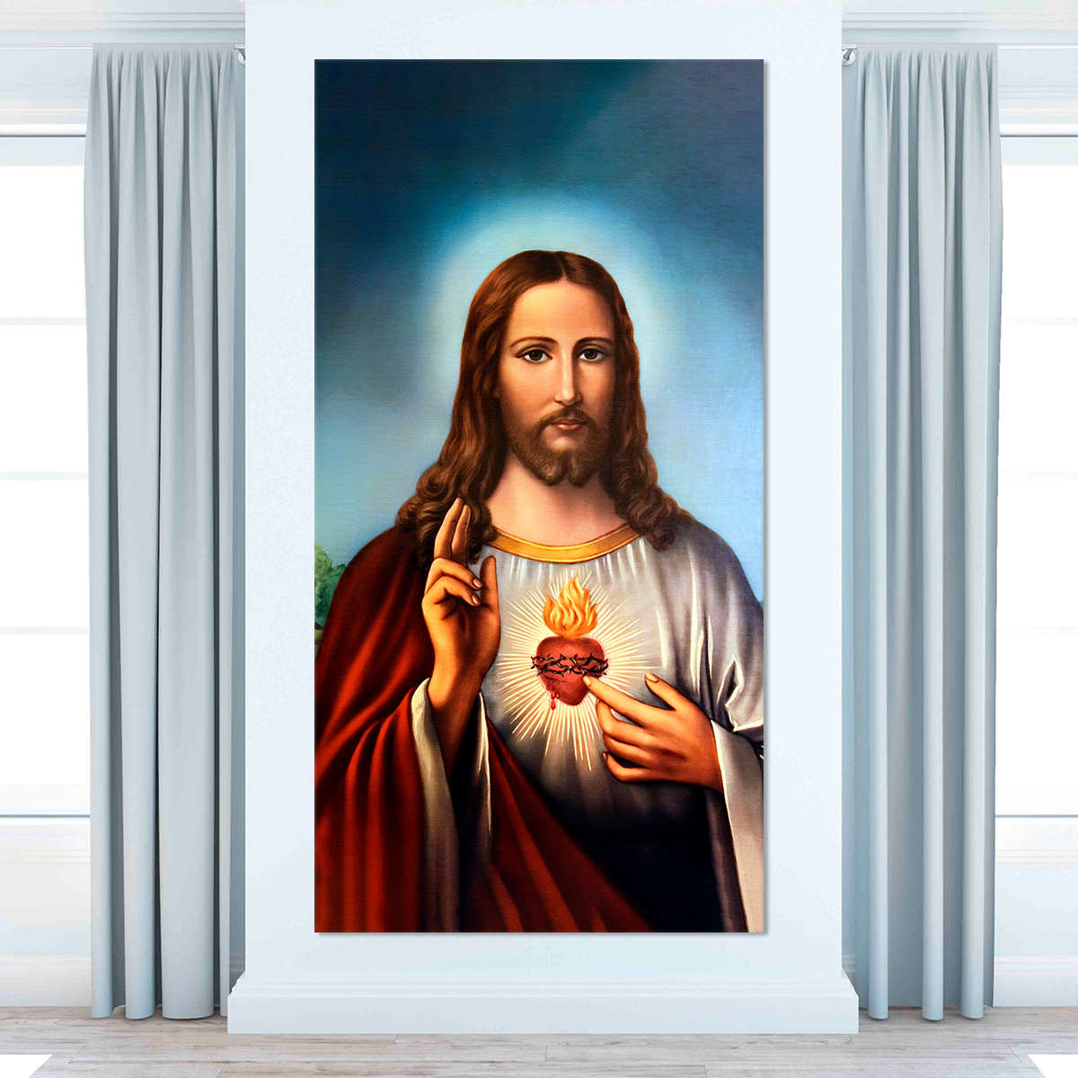 Christian framed artwork, sacred heart of Jesus paintings, spiritual canvas wall art, modern religious artwork