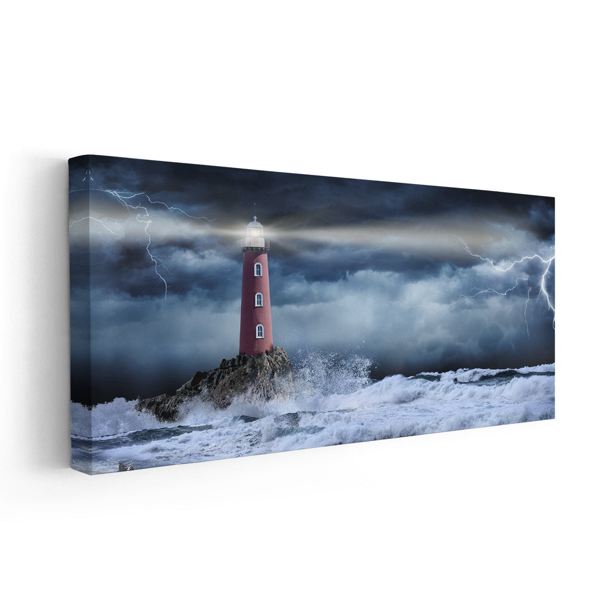 Lighthouse canvas print showcasing dramatic waves and lightning.