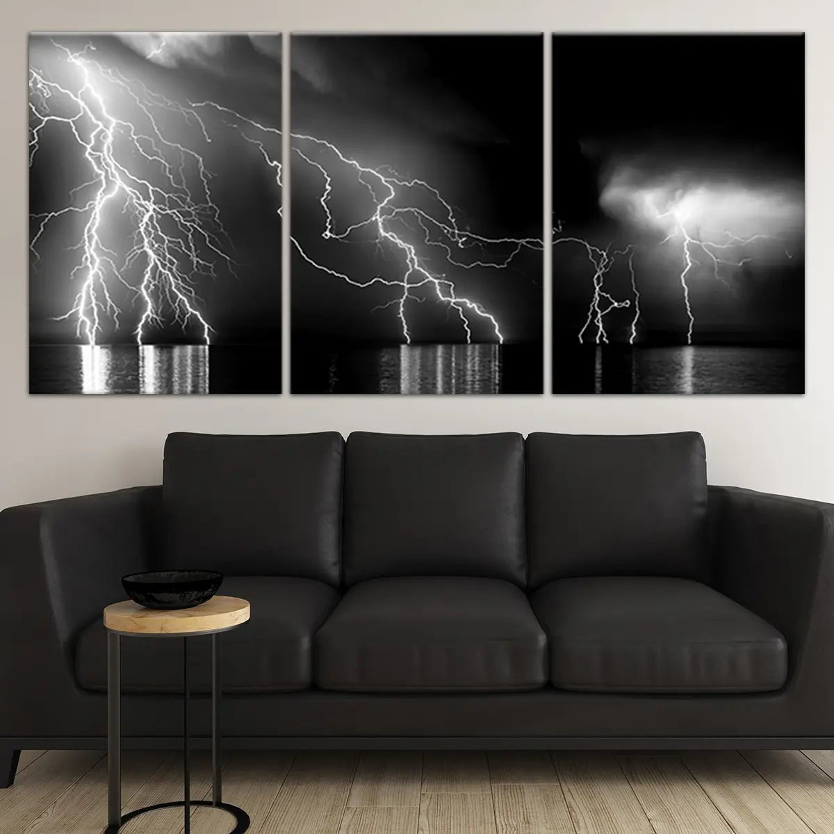 Coastal modern wall art showcasing striking bolts of light against a stormy sky.