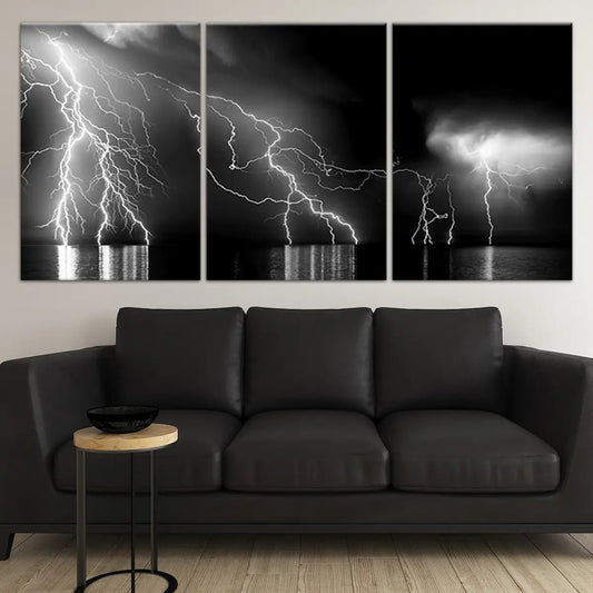 Coastal modern wall art showcasing striking bolts of light against a stormy sky.