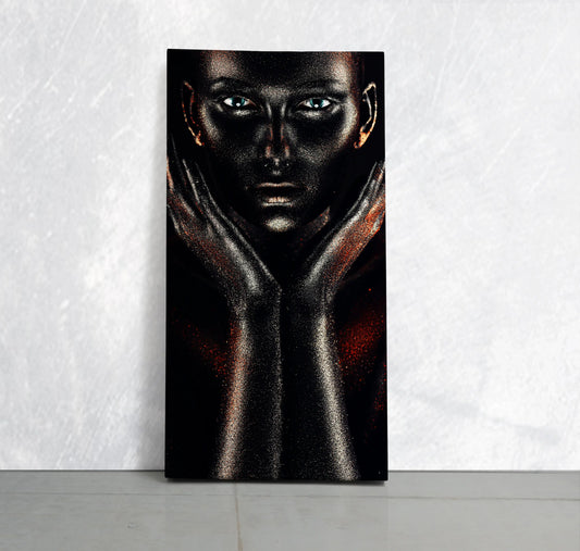 Black metallic makeup face canvas wall art for living room, glossy abstract beauty style creating inspiring modern decor