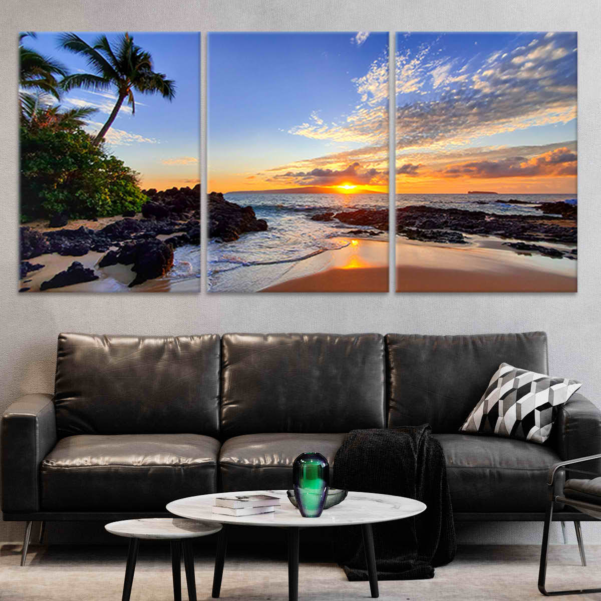 Tropical beach artwork with a breathtaking sunset view, ideal for coastal wall art decor.