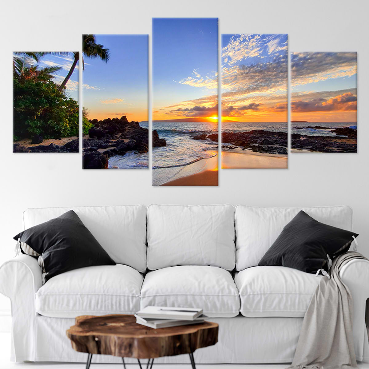 Tropical canvas artwork with vibrant colors and palm trees, a great choice for coastal dining room wall decor.