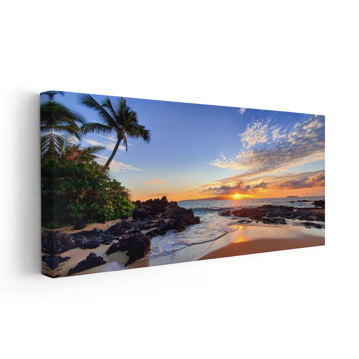 Sunset canvas wall art showcasing a golden sky over the ocean, enhancing beach themed bedroom decor.