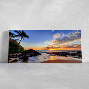 Coastal artwork framed with a scenic tropical sunset, adding charm to modern tropical living room decor.