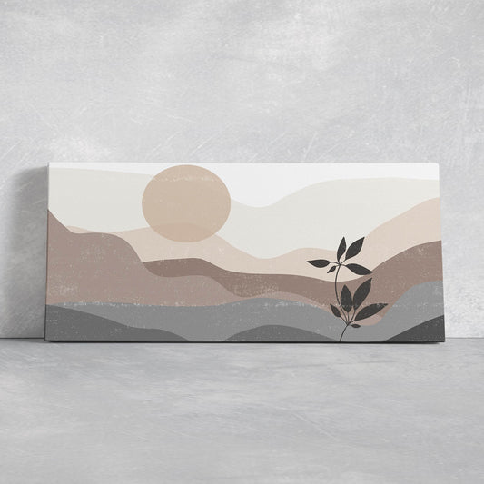 Abstract neutral landscape canvas wall art for living room, minimalist hills and botanical leaves creating a peaceful modern mood
