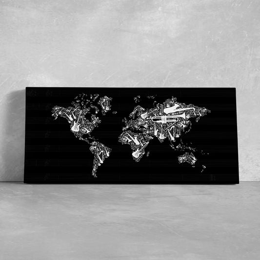 Musical world map canvas wall art for living room wall art, monochrome continents formed from music notes creating an inspiring mood