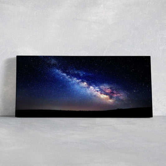 Colorful Milky Way galaxy arc canvas wall art for living room decor, vibrant blues and purples create an inspiring cosmic mood