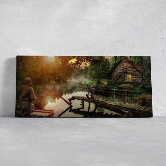 Old riverside cabin canvas wall art for living room wall art, rustic woodland setting creates a peaceful and calming mood