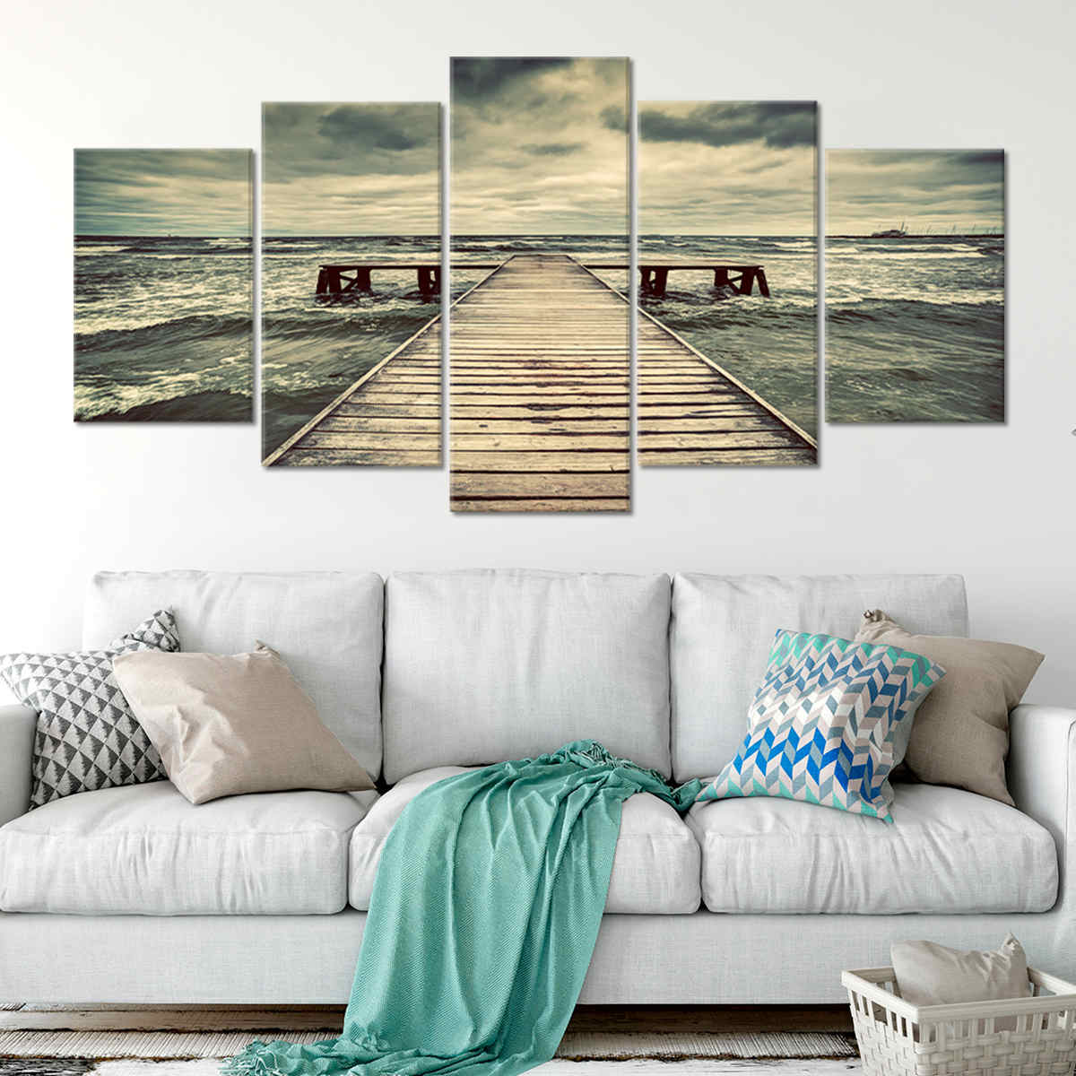 Large nautical wall decor featuring turbulent waves crashing against a wooden jetty.