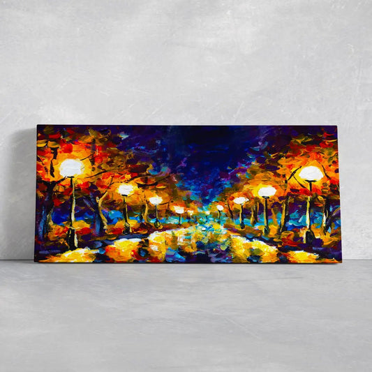Expressionist city street canvas wall art for living room wall art, glowing lights and bold brushstrokes create an uplifting mood