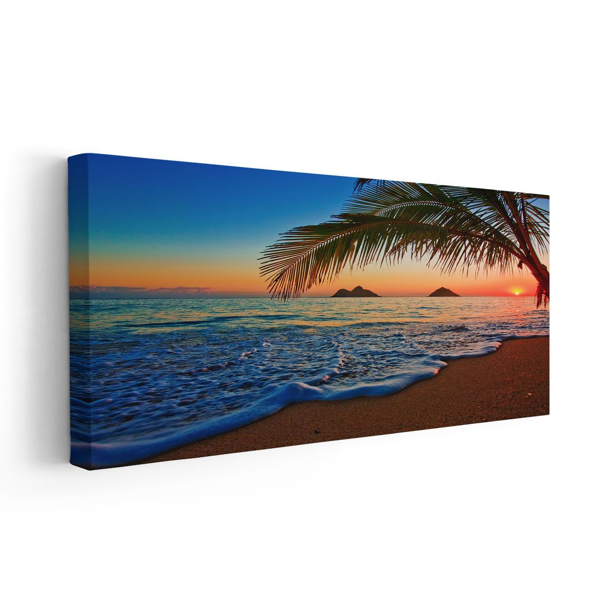 Ocean beach artwork with palm tree silhouette at sunrise.