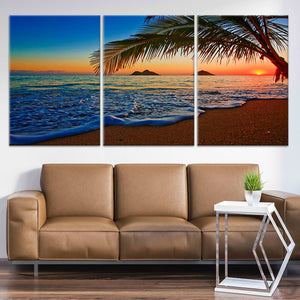 3 piece canvas beach art, Coastal canvas wall art featuring a sunrise over a tropical beach.