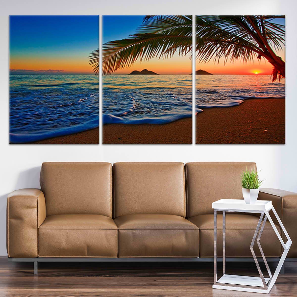 3 piece canvas beach art, Coastal canvas wall art featuring a sunrise over a tropical beach.