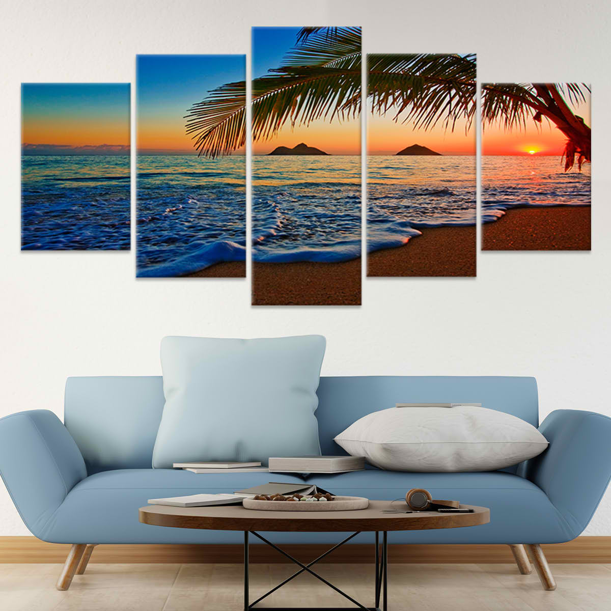 Sunset beach wall art with a tropical landscape and ocean reflection.