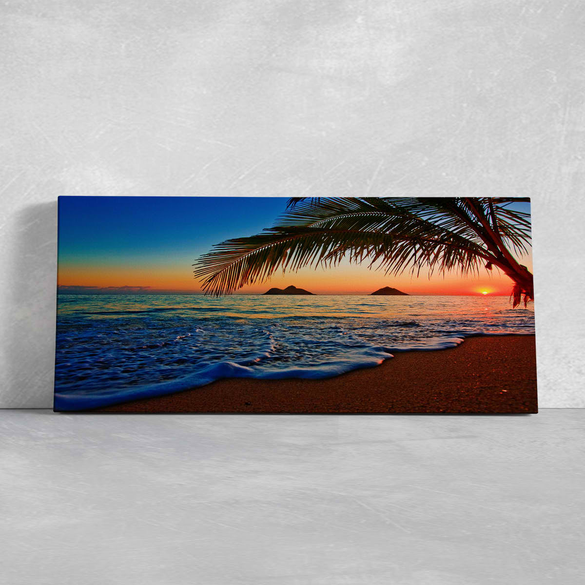 Large beach canvas print of tropical waves under a golden sunrise.
