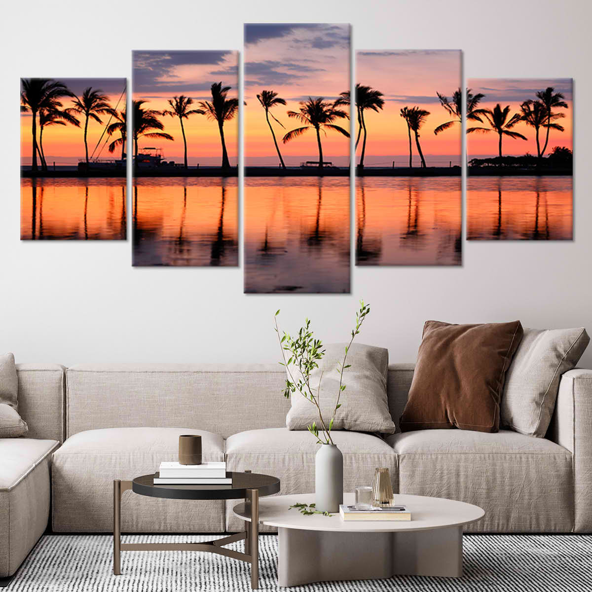 Coastal wall prints with a stunning horizon and palm tree silhouettes.
