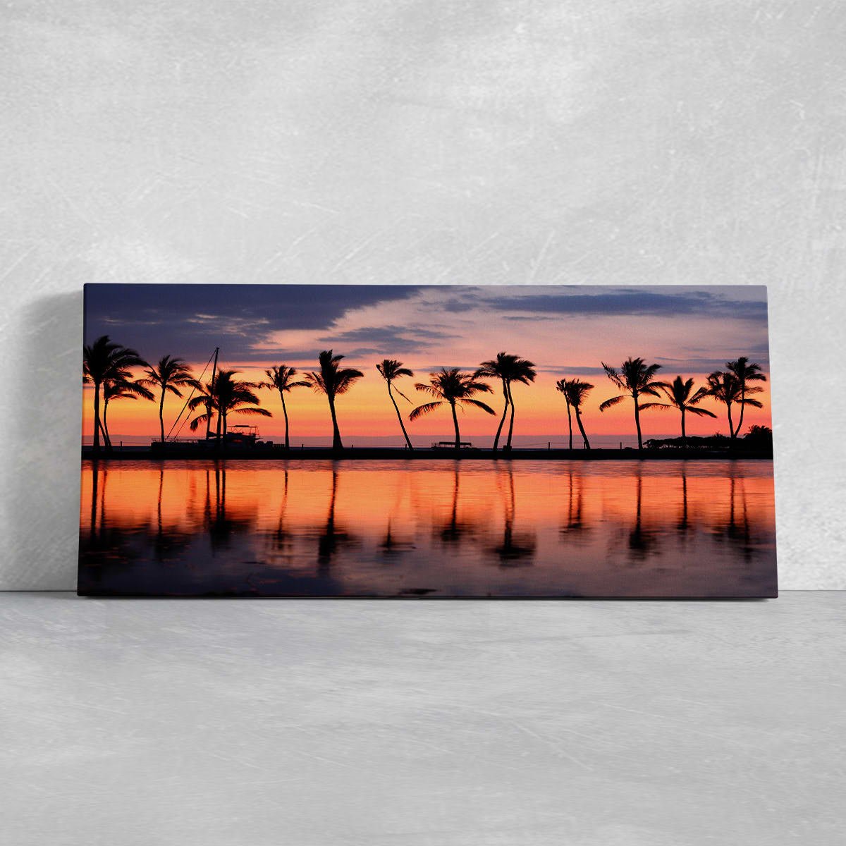 Sunset beach artwork of a peaceful ocean scene with glowing reflections.