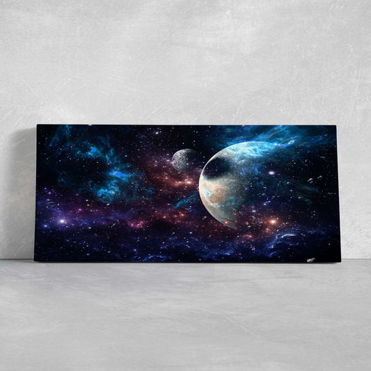 Distant planet and nebula canvas wall art for living room decor, glowing blues and purples create an inspiring cosmic atmosphere