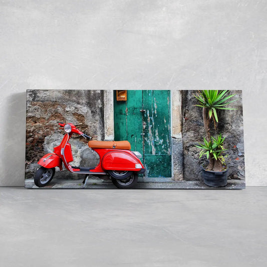 Red Vespa scooter canvas wall art for living room decor, vintage street scene with rustic textures and an uplifting travel-inspired mood
