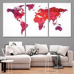 Red World Map Multi Panel Canvas Wall Art 3 piece