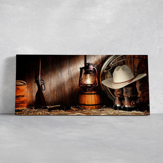 Vintage rodeo gear with leather saddle canvas wall art for living room decor, rustic western textures create a warm farmhouse mood