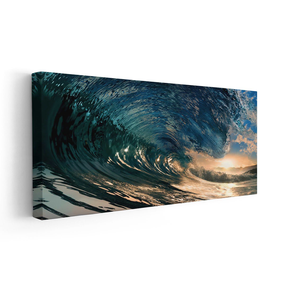 Coastal framed artwork showcasing the beauty of ocean waves in rich blue and gold hues.