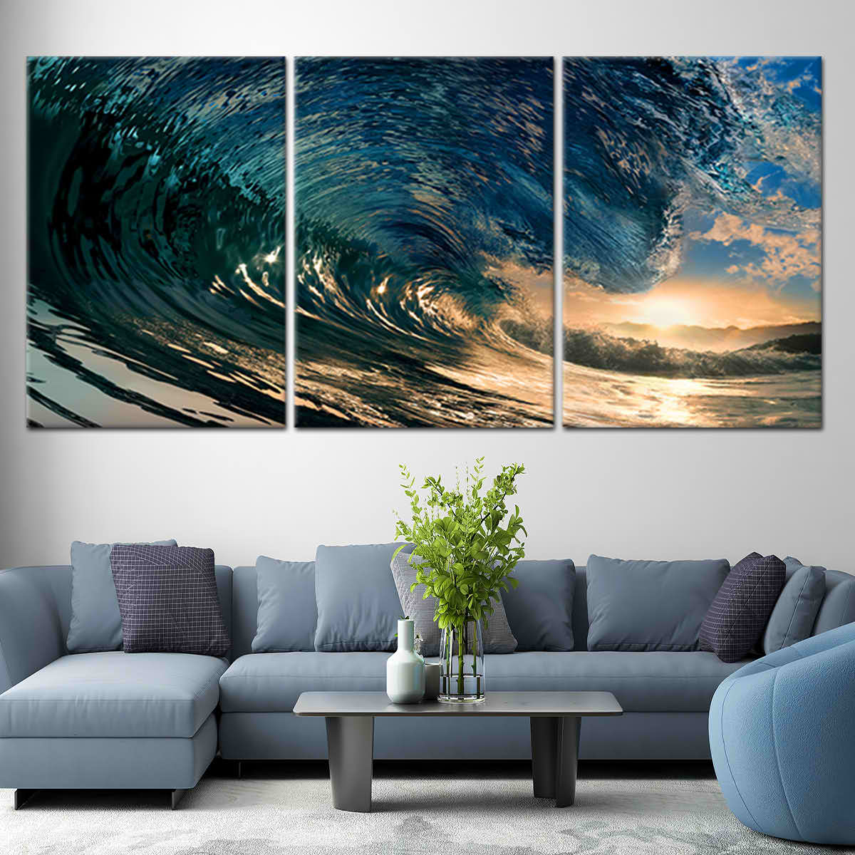 Sunrise canvas wall art capturing the motion of a crashing wave with glowing sunlight.