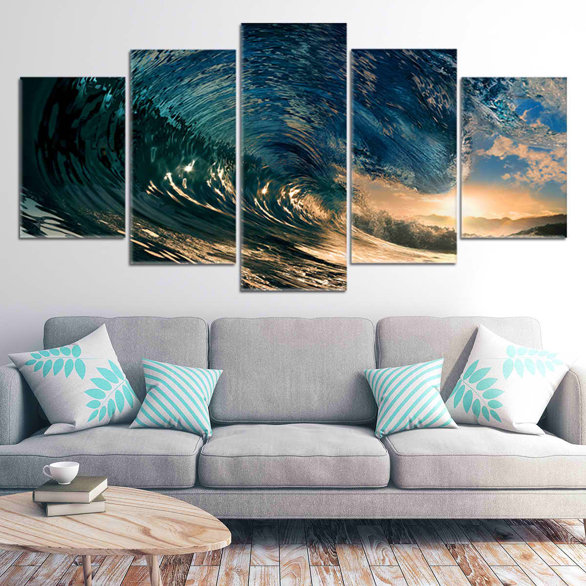 Modern tropical wall art depicting the energy of a rolling wave at dusk.