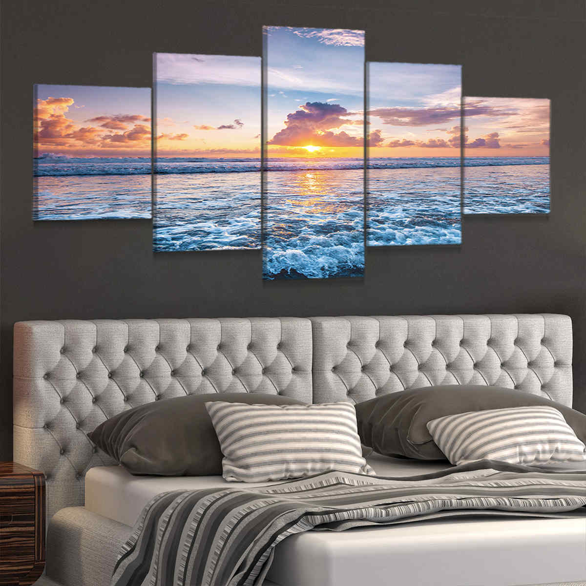 Sunset beach wall art showcasing soft pastel skies and rolling waves, enhancing your beach retreat.